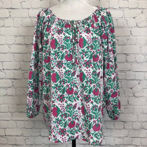 SZ Blockprints Hot Pink Padra Ida Top Size M White Floral - Picture 1 of 9